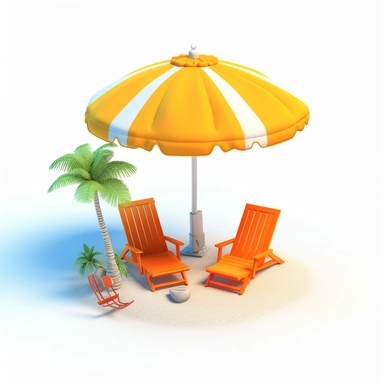 3d island paradise beach clipart in animation style, beach chair, sunshade, summer vacation, in solid white background, bright color, high resolution, 8K,
