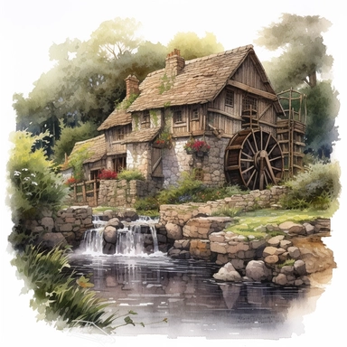 A highly detailed watercolor drawing of an ancient medieval rustic cottage nestled among lush greenery, with a majestic waterwheel turning gracefully next to a tranquil river, all set against a pure white background. The cottage showcases intricate stonework, thatched roof, and timber beams, while the waterwheel features weathered wood and cascading water, creating a sense of serenity and harmony with nature. The watercolor clipart style adds a touch of whimsy and charm to the scene, with soft b