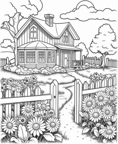 Draw a coloring page with a farmhouse surrounded by beautiful country flowers like sunflowers, daisies, and lavender. Include a picket fence and a pathway coloring page with Farming background design as an outline art drawing with thick bold clear lines that are neatly joined up together, outline, clipart, no colors, no shadows, no details, HD