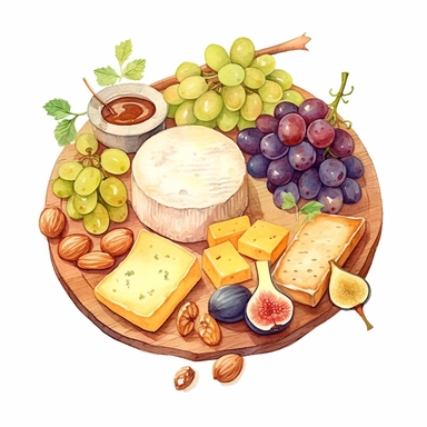 Watercolor cheese platter with wallnuts and grapes and raisins and figs and herbs nicely placed along with cheese on a very large wooden flat plate or cutting board, illustrations clipart set, simple, soft colors, cartoon elements, different variants, cheese from around the world, wooden elements, separate elements with a margin