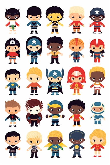 Pure White Heroes: Cute superhero clipart with a clean white background for versatile stickers, cup prints, and t-shirt prints.