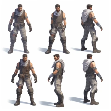 tottoed male, futuristic post-apocalyptic style, different poses, unreal game engine style, different poses, detail, clipart, white background, one of a kind--ar 16:9