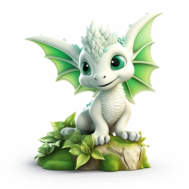 clipart white background: A delightful baby dragon with pastel green scales and sparkling emerald eyes, nestled in a charming woodland setting