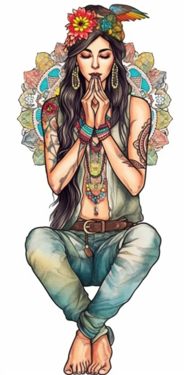 woman in fashion pose, Bohemian, exotic, green eyed and black haired woman with a headband with flowers and feather, cowboy boots, lotus choker, large earrings, tattoos, hands in prayer, wearing her heart on her sleeve, watercolor illustration on white background, watercolor clipart on white background, watercolor sticker on whtie background, in th e style of Job ID: 604300f4 - 6984 - 4a9a - aa16 - 00313a985d77 Seed: 1300855054