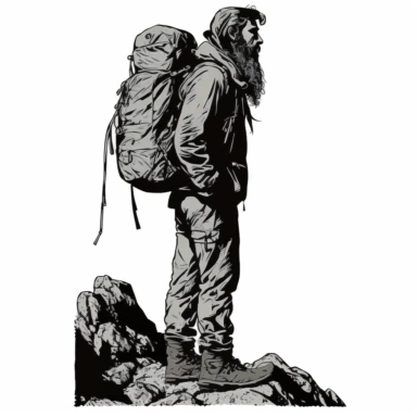clipart, side profile, a hiker with backpack stands with his head tilted back, looking upwards, full body