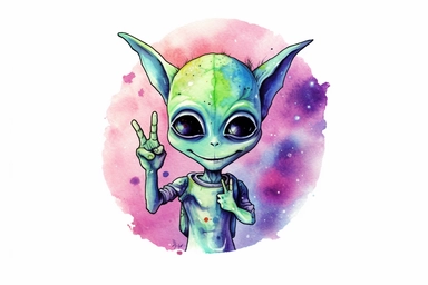 alien giving a peace sign, colorful vibrant watercolor clipart