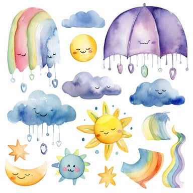 watercolor clipart graphics, weather theme, clouds, sun, rain, moon, wind, snow, lightning, sun, rainbow isolated elements, cohesive sticker set