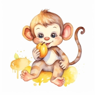 cute baby monkey eat banana cartoon watercolor clipart