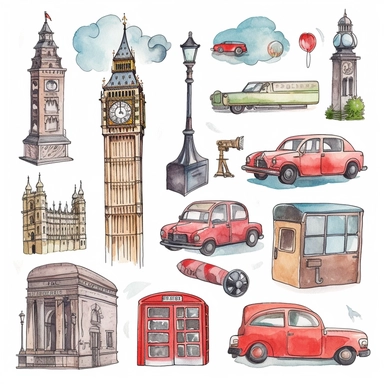 watercolor london touristic and iconic symbols , illustrations clipart set, simple, , cartoon elements ,different variants , black cab, the london eye, ferris wheel, houses of parliament, buckingham palace, st paul's cathedral, separate elements with a margin