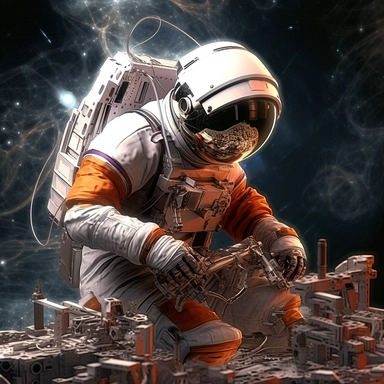 Clipart, An astronaut repairing a broken part of a space station, hyperrealistic, hyper high definition