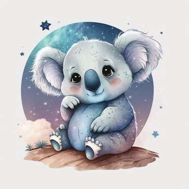 The most cutest cartoon baby koala with big open eyes, on a planet clipart, planets, watercolor, dream art, baby animals, vector art, children art, particles around the object, children cartoon, sticker art design, white background,