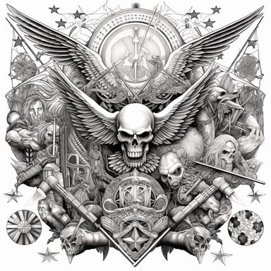 army soldiers, bald eagles, american flags, patriotic, fantasy, lightning, fire, stained glass, planets, nebulas, stars, mushrooms, roses, biomechanical, occult, sacred geometry] inverted triangle clipart design, lines, lineart, very detailed, hyper detailed, black and white vector graphic, isolated on a white background