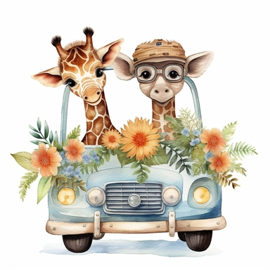 Cute Animal Friends Safari Watercolor clipart on car flower