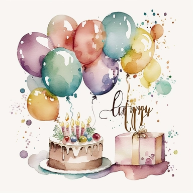 A watercolor illustration showcasing a delightful birthday scene. The clipart features a splendid assortment of balloons in various sizes and colors, gracefully floating against a radiant white backdrop. The balloons seem to dance in the air, casting playful shadows that add depth to the image. A scrumptious birthday cake takes center stage, adorned with colorful frosting, sprinkles, and a cluster of candles waiting to be blown out. The watercolor technique lends a soft and dreamy quality to the