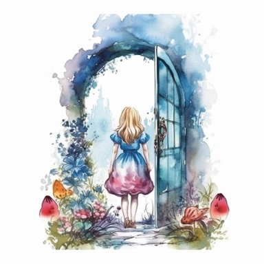 Watercolor Disney Alice standing at the entrance of a fantastical door, flowers and mushrooms, high quality, clipart, white background, Aesthetics