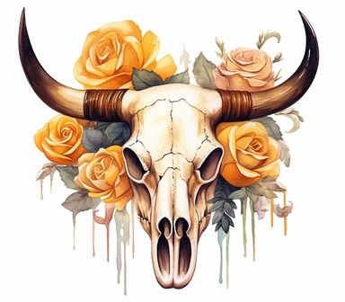 Cute Beautiful Cow skull yellow rose Watercolor Sublimation Clipart,Cartoon, hyper realistic, intricate detail, illustration style,high solution,on the white background , 32k resolution, ultra high definition
