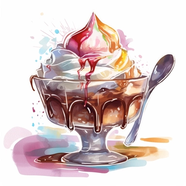 a drawing of a dessert featuring candy and whipped cream, icecream sundae, chocolate icecream, chocolate sauce, chocolate sauce dripping, glass bowl, in the style of pastel toned, shiny/glossy, fantasy realism, caffenol developing, warmcore, #screenshotsaturday, rubens, white background, isolated, free brushstrokes, watercolor illustration, clipart,