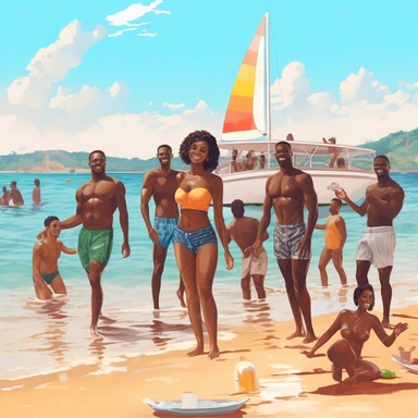Clipart,Full body images 0f young African American men and woman smiling on the beabeach in bright color swim wear partying, having fun, drinks and food,enjoying summer sunny day fun, ocean and boats in the background, beach colors of summer, well rendered,hyper realistic,cinematic, 4 k resolution, colors