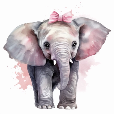 a baby female grey African elephant with a pink bow on head, stood sideways to the camera looking right, watercolour painting transparent background png clipart
