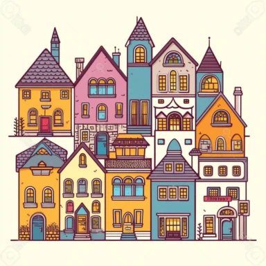 big houses and small houses, clipart style, vector, logo, cute, golden, purple, teal, pink, lite blue, picture book style, children's lesson book, captivating, kid friendly cute character, black and white, coloring book style, cartoon style, vector image, simple, line art style, character, white background