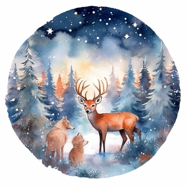 cosy Christmas Eve, snowy forest, forest animals celebrating Christmas, calm, bright stars, ornamental watercolor, clipart, I can't believe how beautiful this is