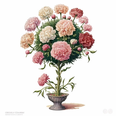 centered to frame watercolor clipart of Carnation topiary: A decorative arrangement of carnations arranged on a tall stem or frame, shaped into a ball or cone, by carolyn blish, isolated on white background