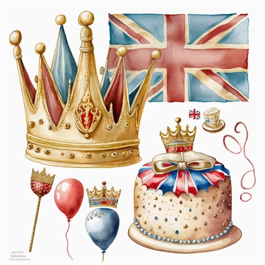british cakes, union jack theme, large shinny gold king crown, buntings, birthday red blue gold balloons symbolic objects icons detailed pencil watercolor illustration clipart pure white background #FFFFF