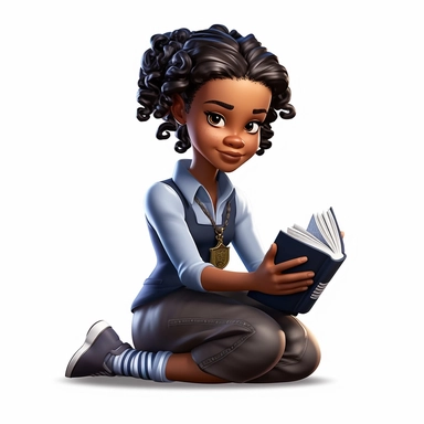 3D toy of a young happy black girl wearing a school uniform outfit sitting down reading a book in the style of boondocks in the style of marvel comics cartoon with white background can't believe how beautiful this is clipart, graphic vector, isolated on white background