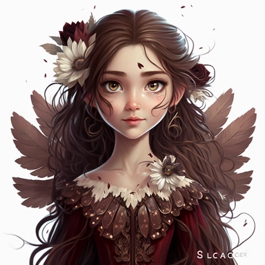 lilly stone, beautiful smiling fairy with large wings, 10 year old girl with long dark brown wavy hair, burgundy dress, big eyes, BENTE SCHLICK style illistration, sparklecore, flowers, hyper detailed, white background, mid shot, clipart