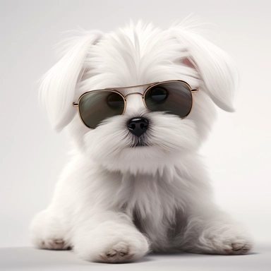 A hyper-realistic and adorable little Maltese puppy puppy dog wearing stylish sunglasses , placed against a white background in a clip art style. Cinematic, hyper-detailed, with insane detail and beautiful color grading. Created using Unreal Engine, featuring depth of field, super resolution and megapixel resolution. Enhanced with cinematic lighting, anti-aliasing techniques such as FKAA and TXAA, and utilizing RTX technology for realistic reflections. Additional effects include screen-space amb