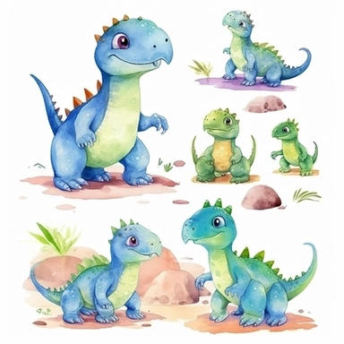 watercolor dinosaur, illustrations clipart set, simple, cartoon elements, different variants, separate elements with a margin