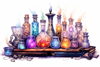 Create a watercolor clipart of an extraordinary magic elixir table with intricate carvings and glowing runes, displaying a variety of elixirs in whimsically shaped bottles, accompanied by spellbooks filled with arcane symbols and knowledge, viewed from a slightly tilted perspective, hd, spaced out, on a white background