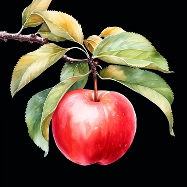 Watercolor apple hanging from a tree clipart, white background, realistic with high details, beautifully colored with strong palette pastel colors, 32k hd