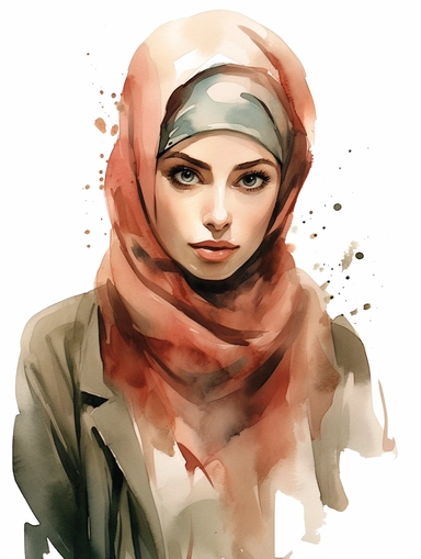 modern woman with hijab, watercolor, white background, clipart
