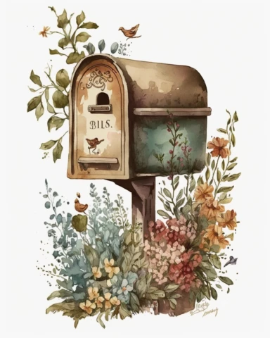 watercolor clipart in the style trending on Etsy. old mail box. flowers.