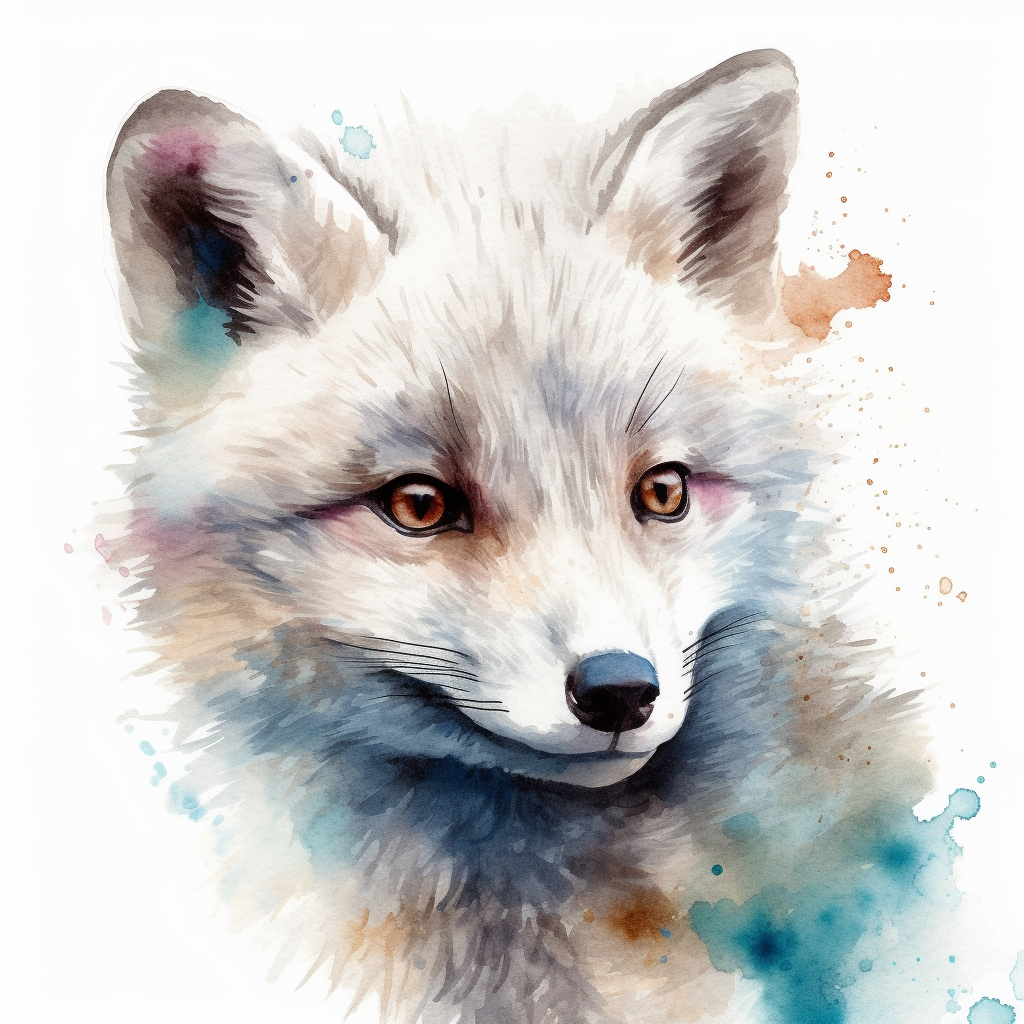 please create watercolor clipart of a baby arctic fox facing to the ...