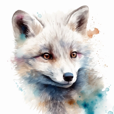 please create watercolor clipart of a baby arctic fox facing to the right and smiling, face close view, colorful