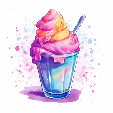 clipart soft watercolor pastel neon colors without splashed background - icecream glass cup with cream and toppings colorful sprinkles - hard contrast - high details - enough space between each item
