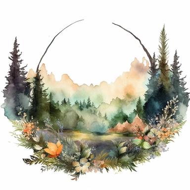 watercolor forest mountain clipart banner for clipart digital shop online. Theme is light colored with florals around them a landscape banner