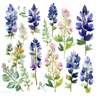 Watercolor Lupine Clipart - floral bluebonnet flowers and bouquets in PNG format instant download for commercial use