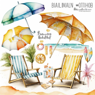 watercolor beach items clipart, white background,