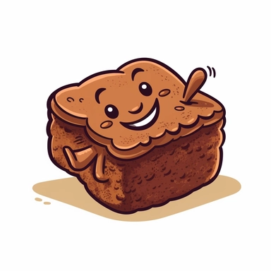 Create a playful clipart of a small, nut-brown brownie with a simple, high-contrasted background. Make sure the brownie is depicted in a cartoon style that is cheerful and inviting. Keep the overall design light and fun while ensuring the brownie is the focal point of the drawing.