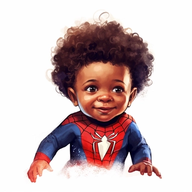 A dark-skinned little newborn baby boy superhero as marvels spiderman, smiling, tiny cute little baby, curly afro hair, , red and blue colors, watercolor art, clipart
