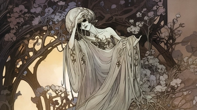 Alfons Mucha's style Halloween clip art showcasing a bewitching ghostly figure, draped in ethereal flowing garments, with long tendrils of mist and delicate chains intertwined around them, surrounded by a moonlit graveyard with crumbling tombstones and hauntingly beautiful flowers, invoking a sense of melancholy and otherworldly beauty, Artwork, acrylic painting on canvas,