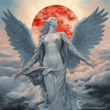 clipart, pastel blue sky, gray black clouds, red sun, white angels fly in the clouds, realism, t-shirt design, white background, Painting By Jean Delville, Redshift Render