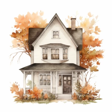 basic watercolor autumn house clipart in minimal hand drawn style, Etsy, textured, clipart, white background