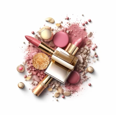 pink gold lipstick, nail polish, eye shadow, blush makeup, clipart style, to separated the products, rocreate illustration, on white background, hyper detailed, high resolution, illustration, 3D