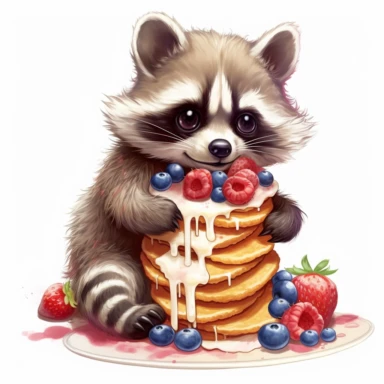 clipart trash panda sharing a stack of cute pancakes with bacon and eggs and whip cream breakfast with a cute baby raccoon, themed , in the style of hyper-realistic animal illustrations, white and red, prairiecore, colorful arrangements, historical illustrations, energy-filled illustrations,white background v 5.1