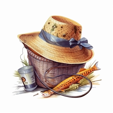 fishing basket And Hat Sublimation Clipart,Cartoon,hyper realistic, intricate detail, illustration style,high solution,on the white background