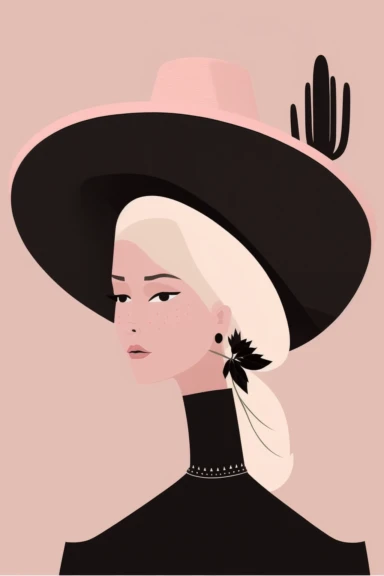 <https://s.mj.run/VafKh_OyowI> Mary Blair style, minimalistic nordic style single clipart, single black traditional mexican fashion model portrait with mexican sombrero amd cactus, minimalistic pastel pink color palette,